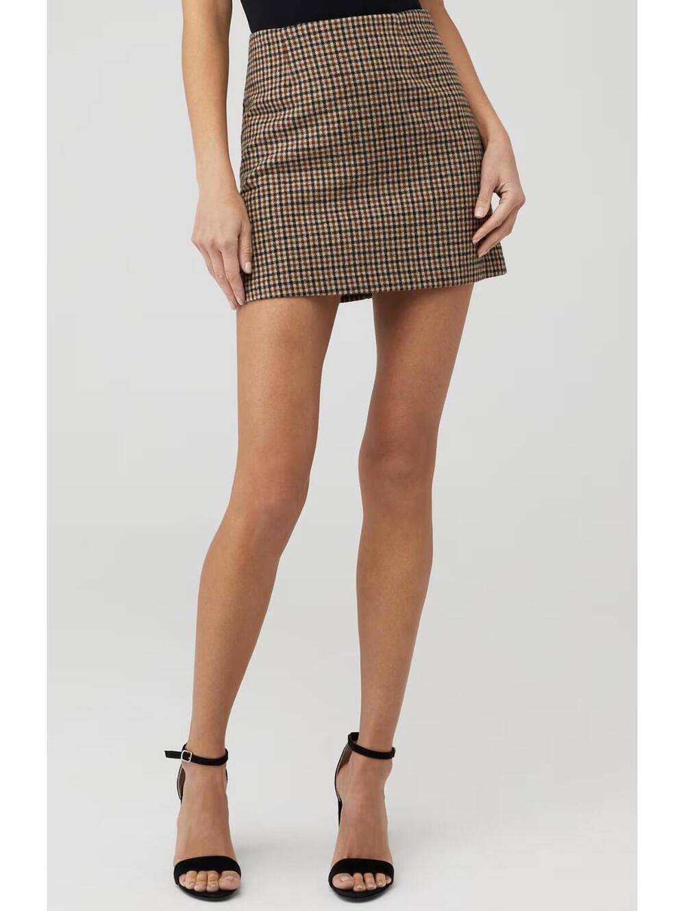 ASTR The Label Brina Plaid Mini Skirt Brown Black Wool Blend A-Line Size L